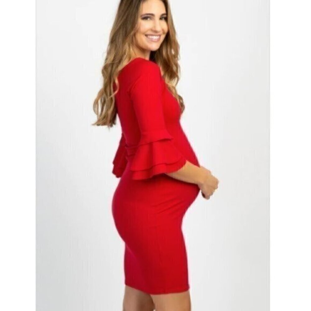 PinkBlush Red Layered Ruffle Sleeve Maternity Fitted Dress​​​ - Picture 8 of 13